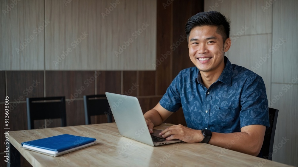 Young Asian Man is smile and happy when working Young Asian Man is smile and happy when working