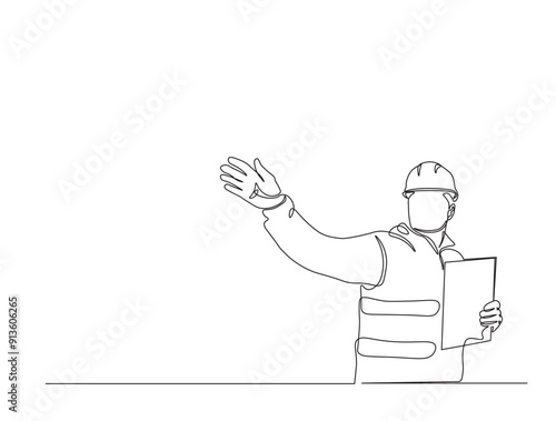 Continuous one line drawing of engineer holding blueprint paper. Worker holding blueprint paper illustration.