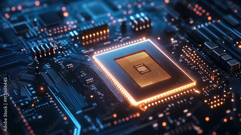 Close-up of a modern microprocessor on a circuit board, showcasing intricate details and vibrant LED lighting. Close-up of a modern microprocessor on a circuit board, showcasing intricate details and vibrant LED lighting.