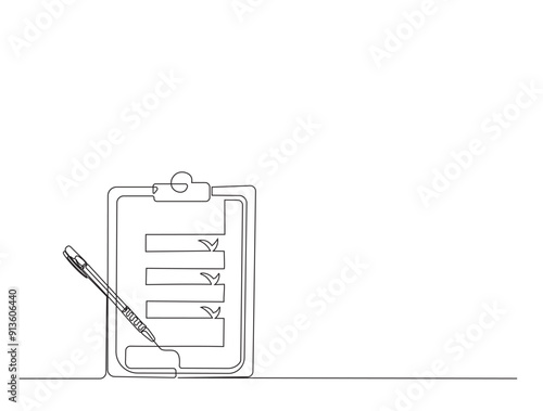 Continuous one line drawing of checklist clipboard with pen. Form on clipboard simple line illustration.