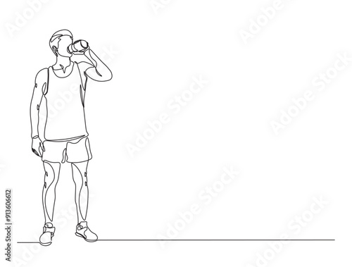 Continuous one line drawing of man drinking water from the bottle. Drinking water simple line illustration. Healthy lifestyle concept.