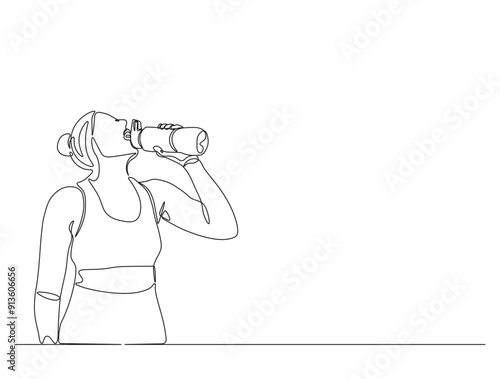 Continuous one line drawing of woman drinking water from the bottle. Drinking water simple line illustration. Healthy lifestyle concept.