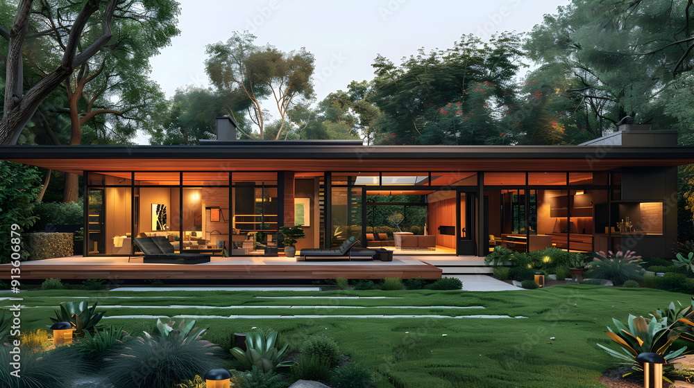 Modern House with Deck and Lush Greenery - 3D Illustration Modern House with Deck and Lush Greenery - 3D Illustration