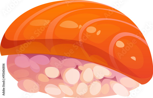 Cartoon nigiri sushi with a slice of salmon on top of a bed of rice. Isolated vector vibrant, appetizing Japanese fast food restaurant meal with fresh seafood ingredients. Japan culinary cuisine art