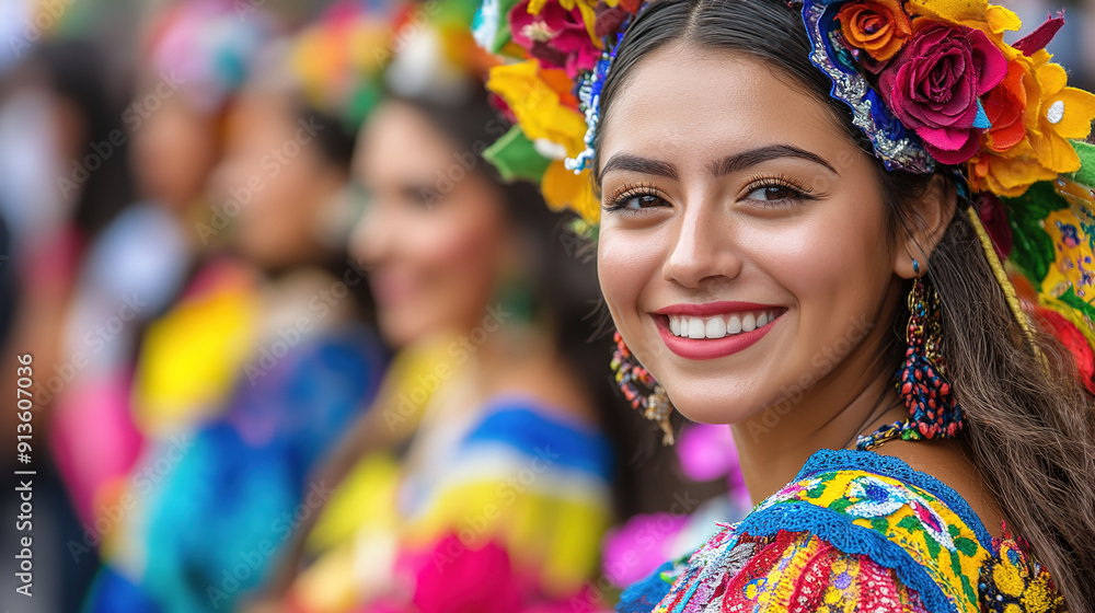 Smiling woman in a colorful traditional costume with flowers at heritage festival, blurred background, celebrating cultural diversity and joy Smiling woman in a colorful traditional costume with flowers at heritage festival, blurred background, celebrating cultural diversity and joy