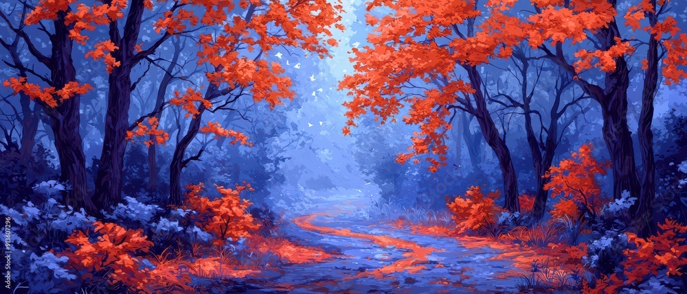 A serene landscape featuring mystical trees and vibrant orange foliage, illuminated by ethereal light against a twilight sky. A serene landscape featuring mystical trees and vibrant orange foliage, illuminated by ethereal light against a twilight sky.