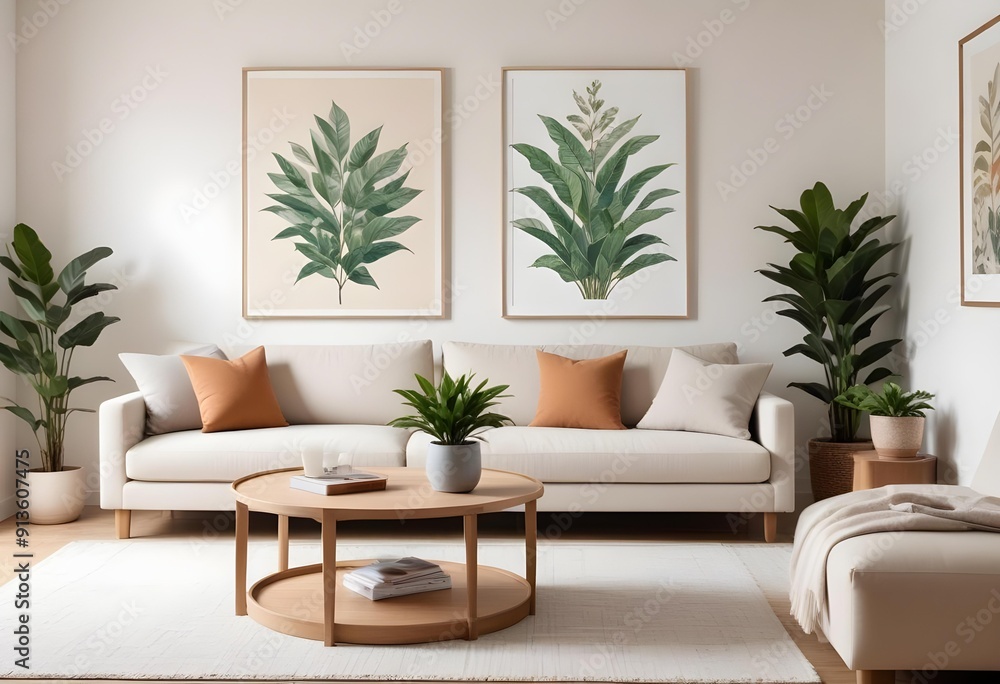 Fototapeta premium A modern living room with a large white framed wall art above a beige sectional sofa, wooden coffee table