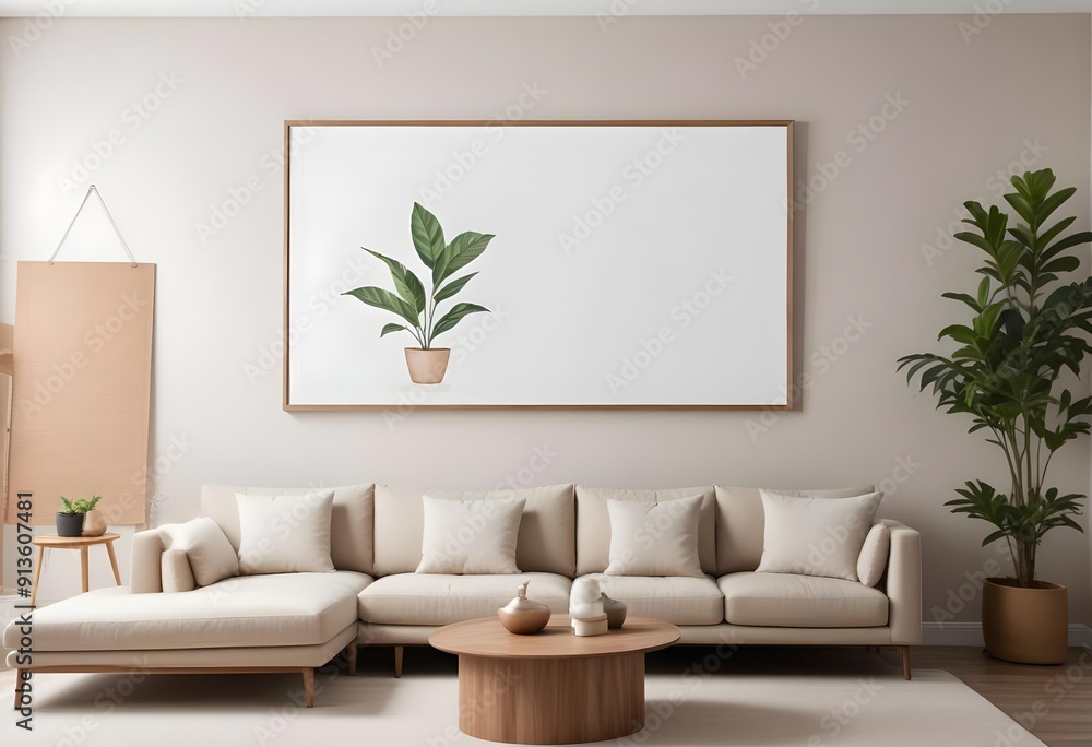 Fototapeta premium A modern living room with a large white framed wall art above a beige sectional sofa, wooden coffee table