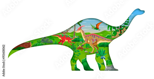 Prehistoric dinosaur paper cut silhouette. Cartoon 3d vector papercut frame in shape of cartoon sauropod dino, filled with ancient reptile animal species at green Mesozoic or Jurassic era landscape