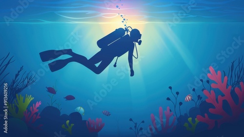 An underwater diver exploring vibrant coral reefs, surrounded by colorful fish and marine life, with sunlight streaming through the water surface.