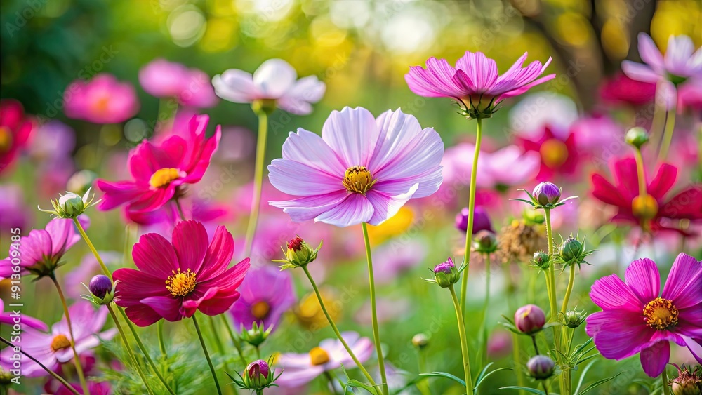 Fototapeta premium Beautiful cosmos flowers in full bloom in a vibrant garden setting, cosmos, flowers, blooming, garden, colorful, vibrant, petals