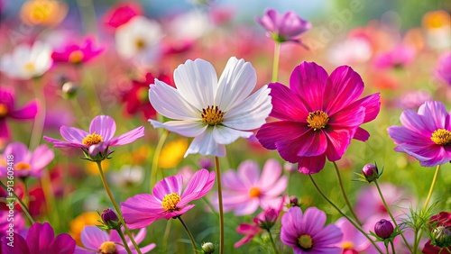 Vibrant cosmos flowers in full bloom in a colorful garden, cosmos, flowers, blooming, beautiful, garden, vibrant, nature, flora