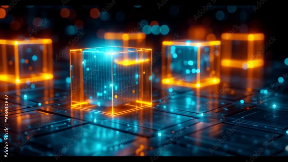 Glowing Cubes. Futuristic Data Storage and Processing. Technology and Innovation Concept. 4k Video footage Glowing Cubes. Futuristic Data Storage and Processing. Technology and Innovation Concept. 4k Video footage
