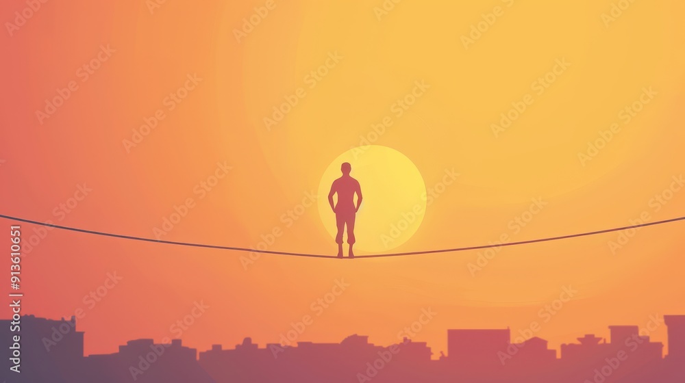 Fototapeta premium Silhouette of a person balancing on a tightrope at sunset with a city skyline in the background.