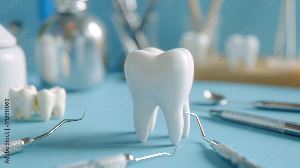 close-up of a tooth model and sleek dental instruments on a blue background, highlighting precision close-up of a tooth model and sleek dental instruments on a blue background, highlighting precision