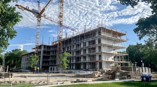 nowoczesne mieszkanie, deweloper, budowa, nowe osiedle, inwestycja mieszkaniowa, realistyczny, budynek, robotnicy