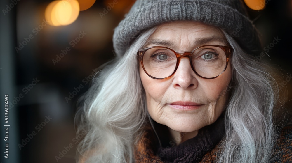 Portrait of a old woman with long grey hair wearing a cap and glasses Portrait of a old woman with long grey hair wearing a cap and glasses
