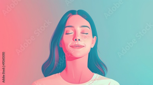 Surreal digital art of a serene woman with closed eyes, enjoying inner peace, illuminated by vibrant red and blue ambient lighting.