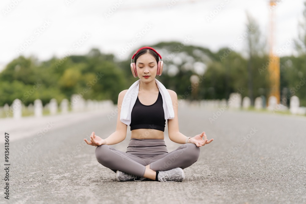 Fototapeta premium Asia woman practices yoga and meditates at park. Healthy lifestyle and Yoga concept.