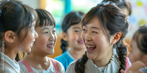 A group of children in a classroom setting, laughing and interacting with their teacher, creating a positive and joyful learning environment.
