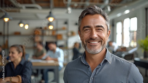 Cheerful Businessman Smiling in Modern Office During Productive Workday With Colleagues Engaged in Discussions