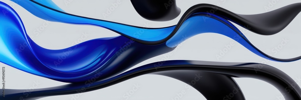 Fototapeta premium Abstract illustration featuring dynamic blue and black liquid waves on a smooth gradient background, conveying fluidity and modernity.