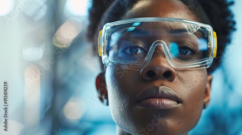 Dark-skinned female donning safety goggles. photo