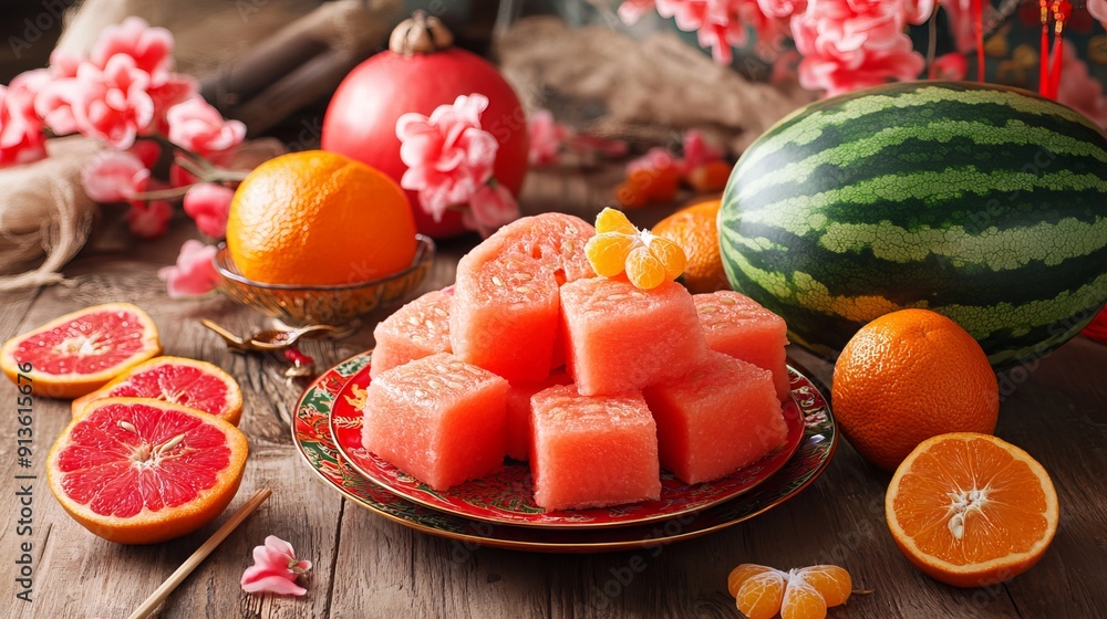 Watermelons, pomelos, and mandarins are traditional fruits for Chinese New Year. Sweet sticky rice cake is also a popular treat. Watermelons, pomelos, and mandarins are traditional fruits for Chinese New Year. Sweet sticky rice cake is also a popular treat.