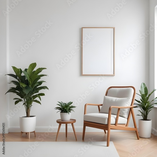 A minimalist living room with a wooden armchair 