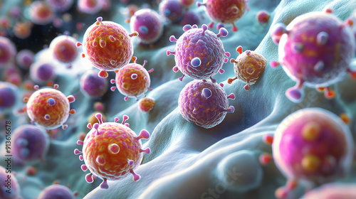 3D render of benzoyl peroxide molecules interacting with skin cells, showcasing the antibacterial action on acne bacteria at a microscopic level. photo