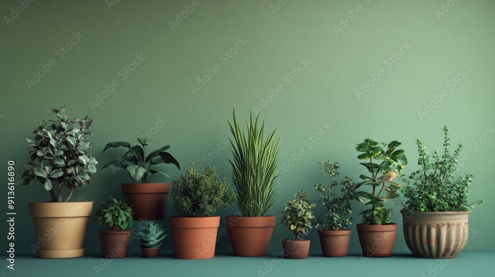 Potted Plants on Green Wall Potted Plants on Green Wall