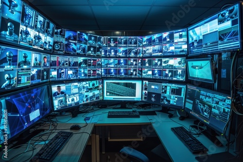 Surveillance and decision center used for tracking. Multiple screens in the street tracking room