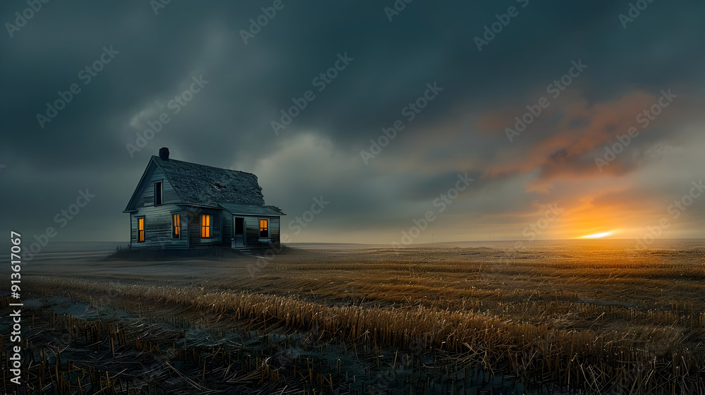 Lonely Farmhouse at Sunset - Realistic Image Lonely Farmhouse at Sunset - Realistic Image