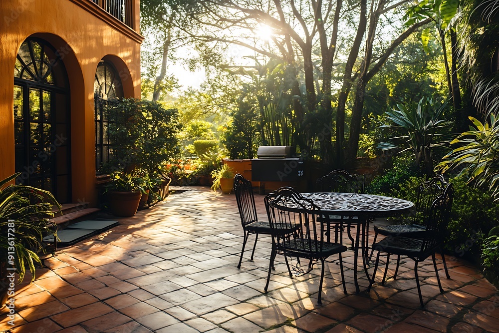 Obraz premium Peaceful Patio with Wrought Iron Table and Chairs