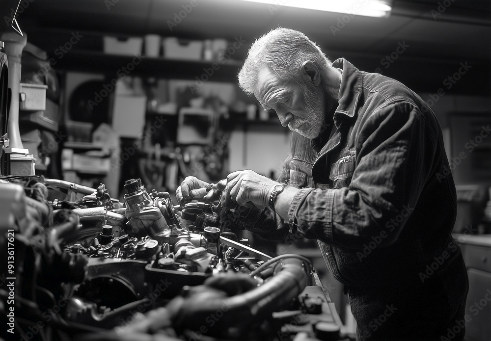 Elderly mechanic working diligently on classic car engine in dimly lit garage during evening hours. Generative AI.