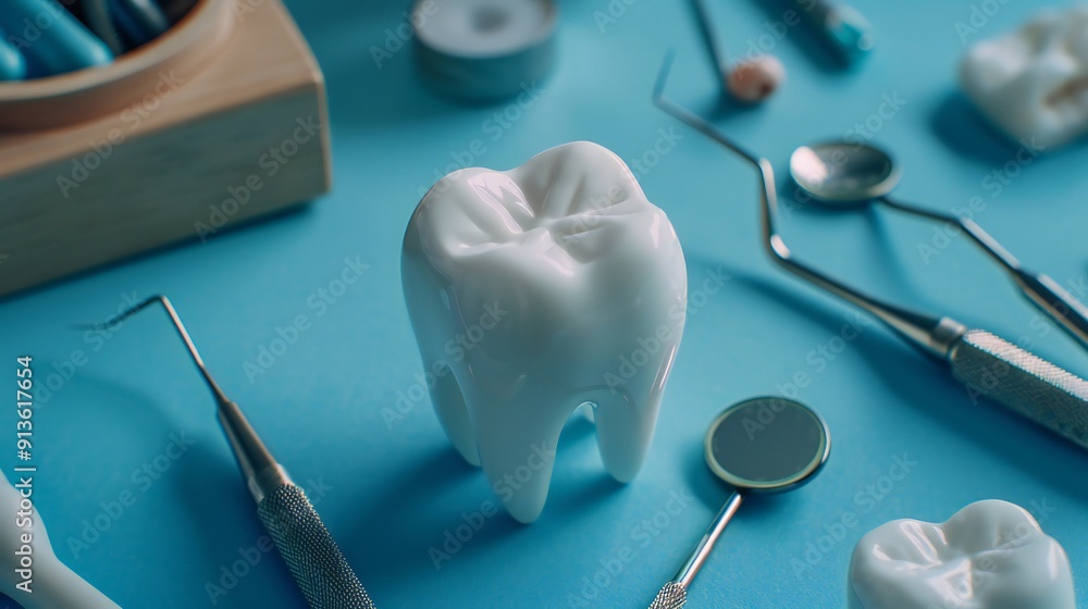 Macro shot of a white tooth model and polished dental tools on a blue backdrop, showing dental care tools. Macro shot of a white tooth model and polished dental tools on a blue backdrop, showing dental care tools.