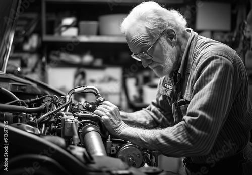 Elderly mechanic working diligently on classic car engine in dimly lit garage during evening hours. Generative AI. photo