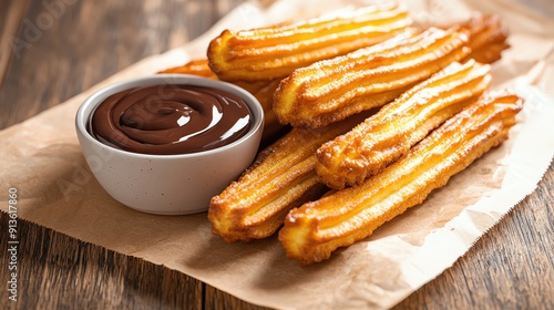 Delicious golden churros served with a rich chocolate dip on a rustic wooden table for dessert lovers.
