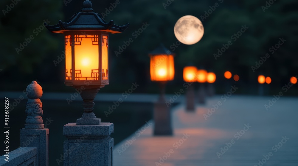 Traditional lanterns illuminating a pathway at night with the moon in the background, creating a serene and atmospheric scene. Traditional lanterns illuminating a pathway at night with the moon in the background, creating a serene and atmospheric scene.