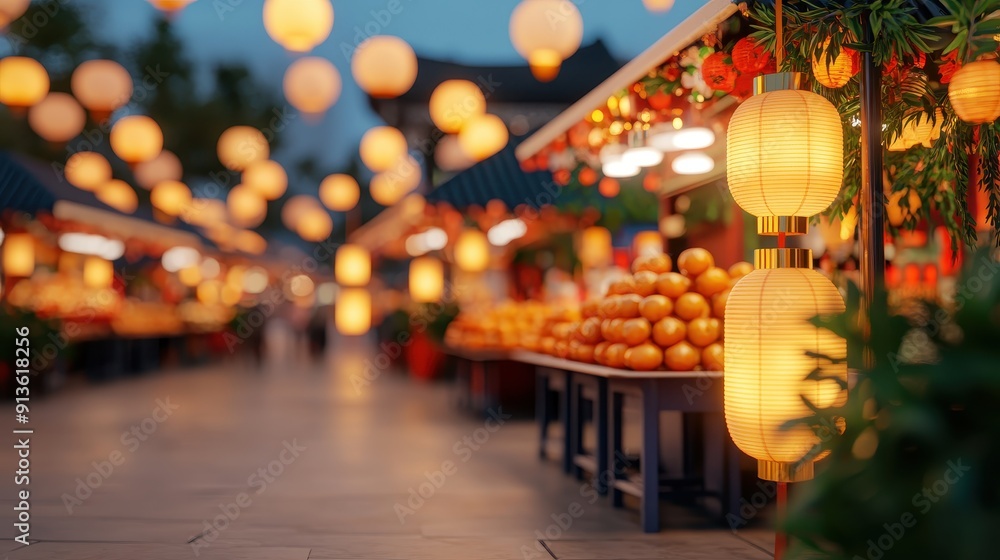 A festive market scene with hanging lanterns and fruit stalls, illuminated warmly in the evening, creating a lively atmosphere. A festive market scene with hanging lanterns and fruit stalls, illuminated warmly in the evening, creating a lively atmosphere.