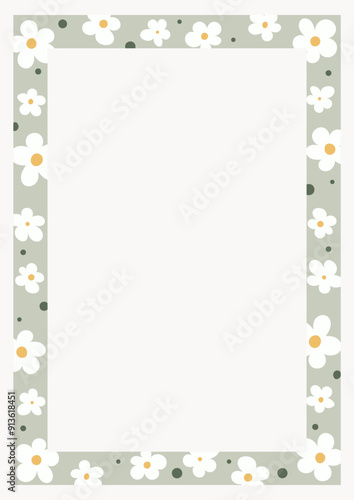 Daisy flower vector frame. A4 format. Floral background. Kids nursery wallpaper or boho fashion all over print.