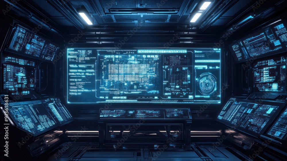Futuristic Control Room with Glowing Blue Screens Futuristic Control Room with Glowing Blue Screens