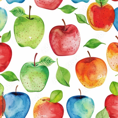 Watercolor painting of a pattern featuring colorful apples, on isolated white background