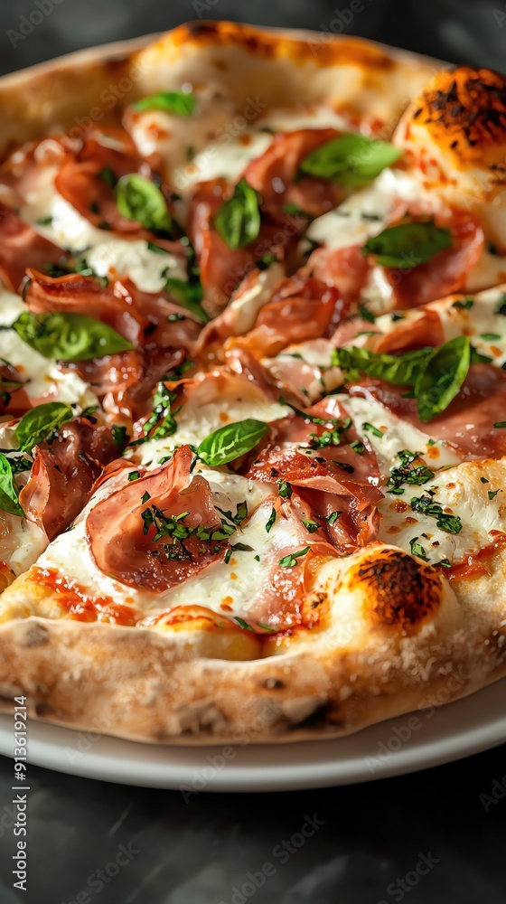 Delicious pizza topped with ham, basil, and fresh cheese, served on a rustic plate against a dark backdrop. Delicious pizza topped with ham, basil, and fresh cheese, served on a rustic plate against a dark backdrop.