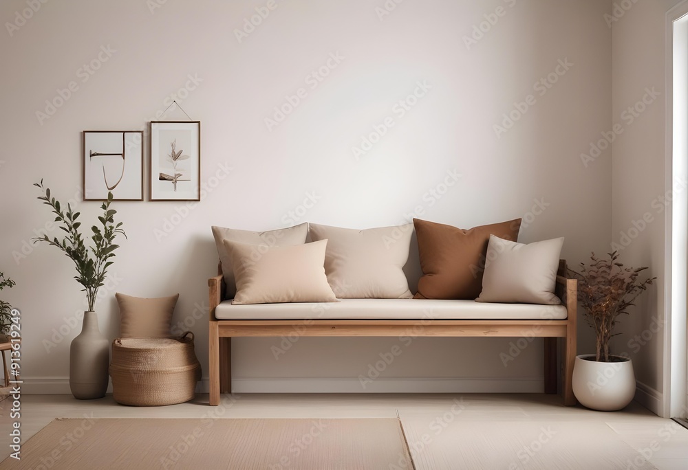 Fototapeta premium A wooden bench with beige and brown cushions in a minimalist living room with a white wall and a framed
