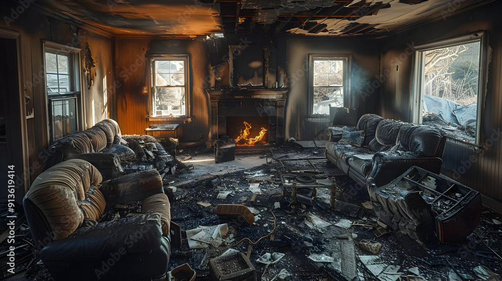 Fire Damage in a Living Room - Photo Fire Damage in a Living Room - Photo