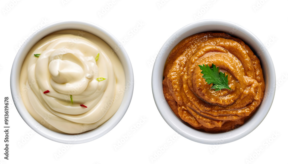 Fototapeta premium White Bowl with Chipotle Aioli (Side and Top View) – A white bowl of chipotle aioli, shown _1(351)