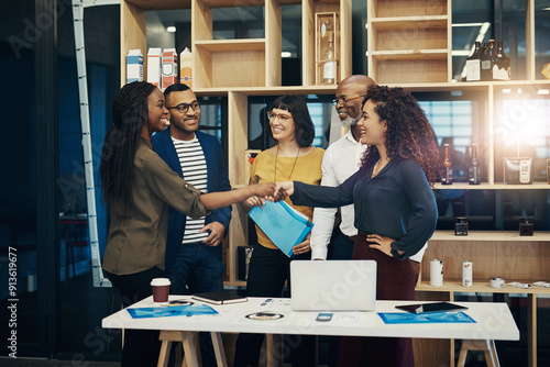 Business people, handshake and teamwork as new hire for diversity, internship or job opportunity. Group, onboarding and pride in promotion, company or success as accounting consultant in mentorship