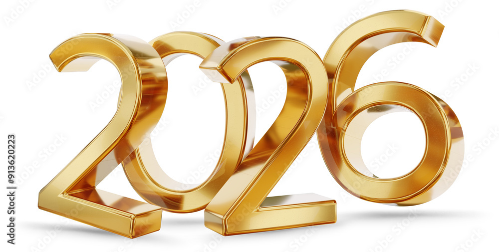 year 2026 symbol icon, golden metallic 3d-illustration, isolated