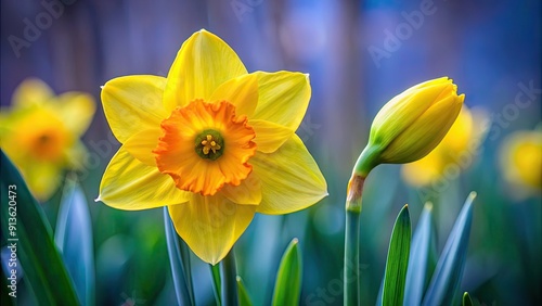 Two vibrant daffodils in full bloom next to a bud ready to open , daffodils, flowers, spring, blooming, yellow, petals, nature